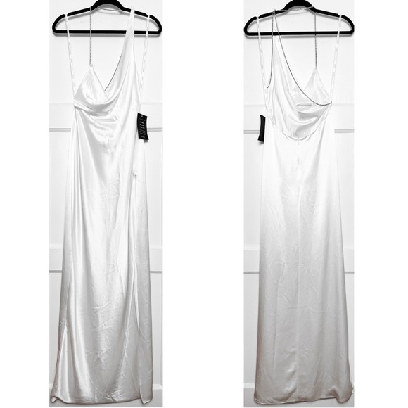 NWT RETROFETE Satin Asymmetric Crystal Chain Strap Draped Neck Open Back Gown S - Picture 9 of 13